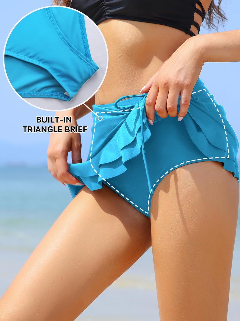 SHEKINI Women's Swimdress Ruffle Swim Skirt High Waist Side Pull Tie Swimsuit Bottom (Sky Blue, Small) - Image 3